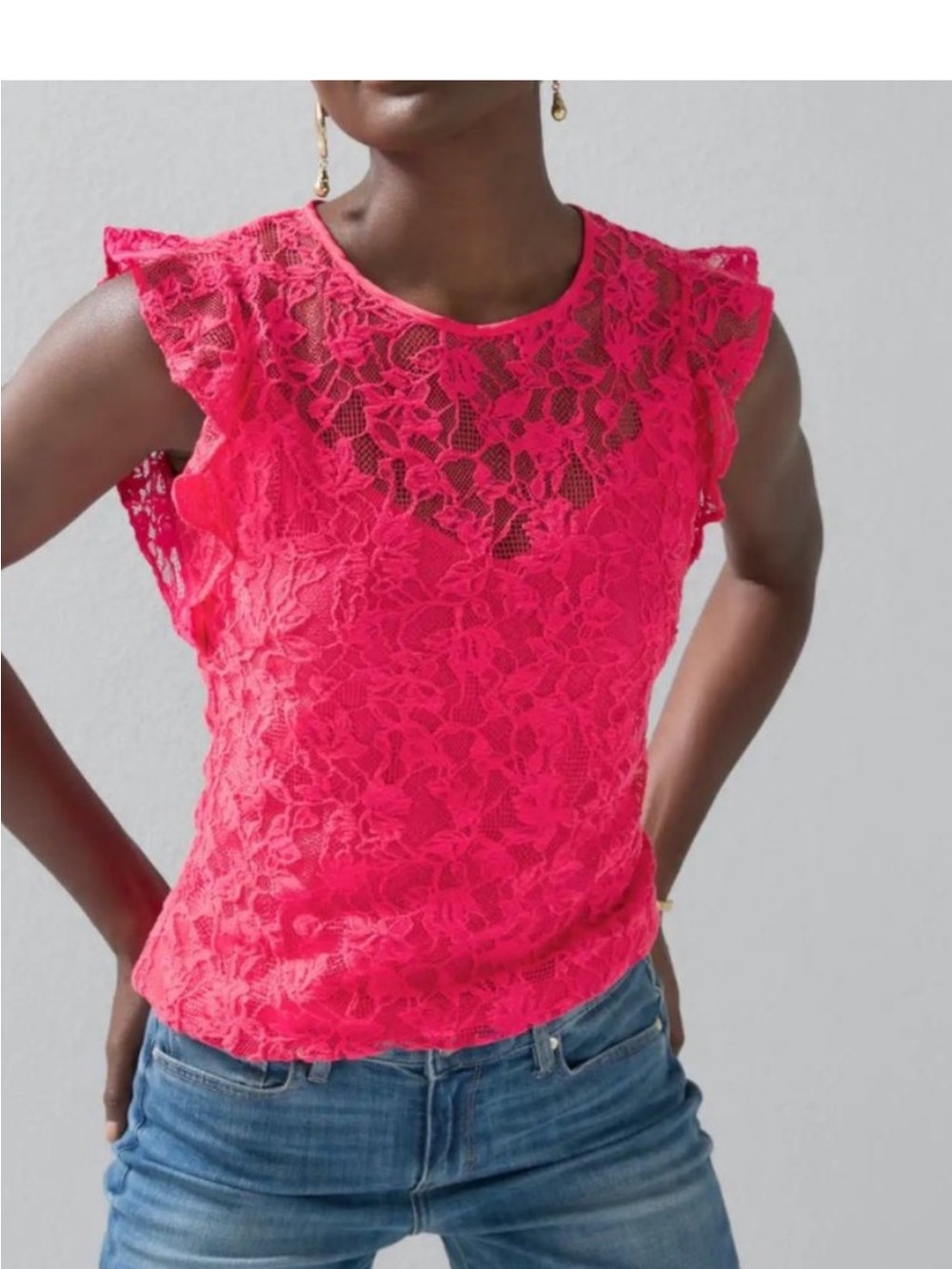 White House Black Market NWOT Bright Pink Lace Flutter Sleeve Camisole